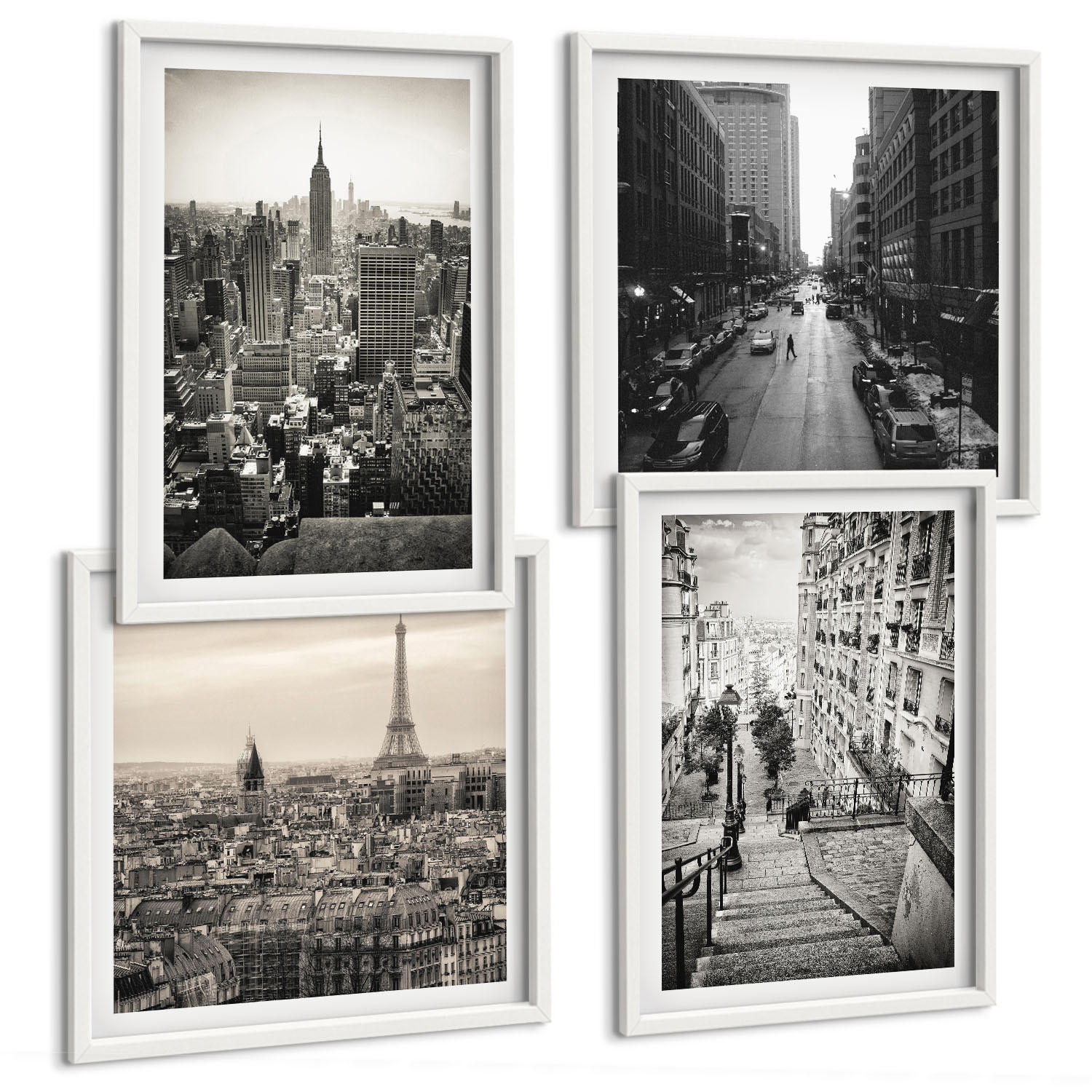 BILDER SET 4er Set - 50x50 cm & 40x60 cm Weißer Rahmen - Aussicht Paris New York Treppen - Weiß, Kunststoff (50/50cm) - TULUP