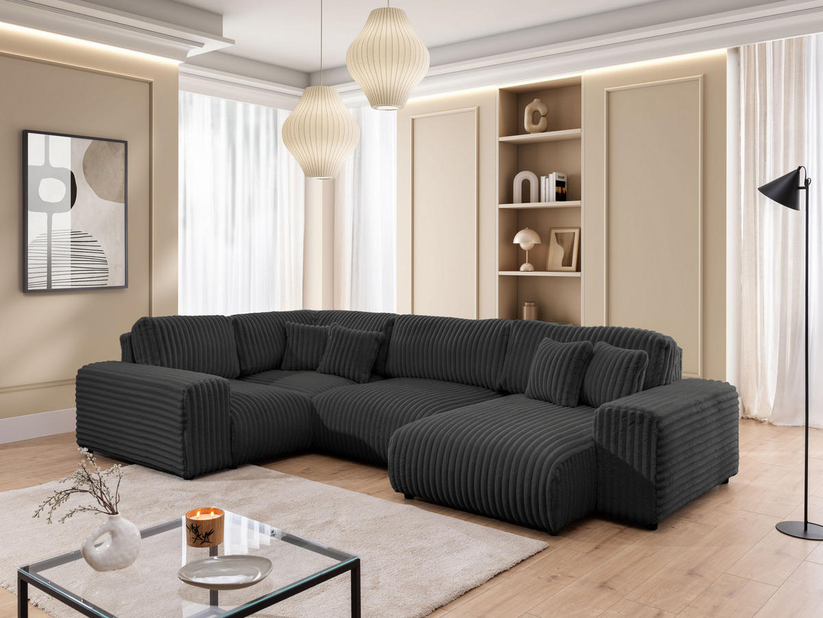 WOHNLANDSCHAFT Mollis Dunkelgrau Plüschcord im XXL-Format - Ottomane Rechts - Dunkelgrau/Schwarz, Holz/Kunststoff (316/77/194cm) - S-Style Möbel