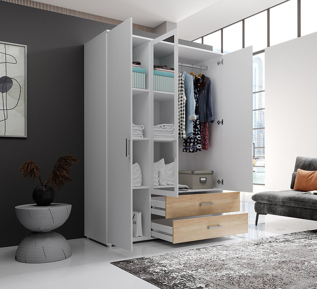 DREHTÜRENSCHRANK mit Spiegeltüren - Eichefarben/Silberfarben, Holzwerkstoff/Kunststoff (125/190/51cm) - home24