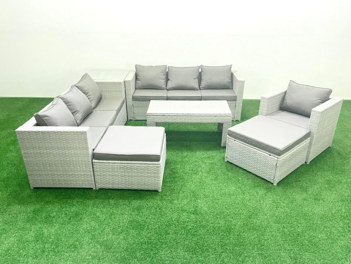 GARTENSOFA hohe Rückenlehne Polyrattan Hellgrau-Mix 9-Sitzer - Hellgrau/Grau, Glas/Kunststoff - Fimous