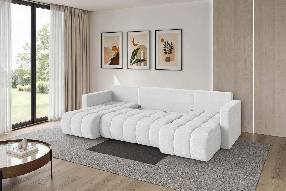 SEDACÍ SOUPRAVA DO U s funkcí spaní a úložným prostorem GARD-U 300x146x85 bílá bouclé - bílá/černá, kompozitní dřevo/textil (300/85/146cm) - ALTDECOR