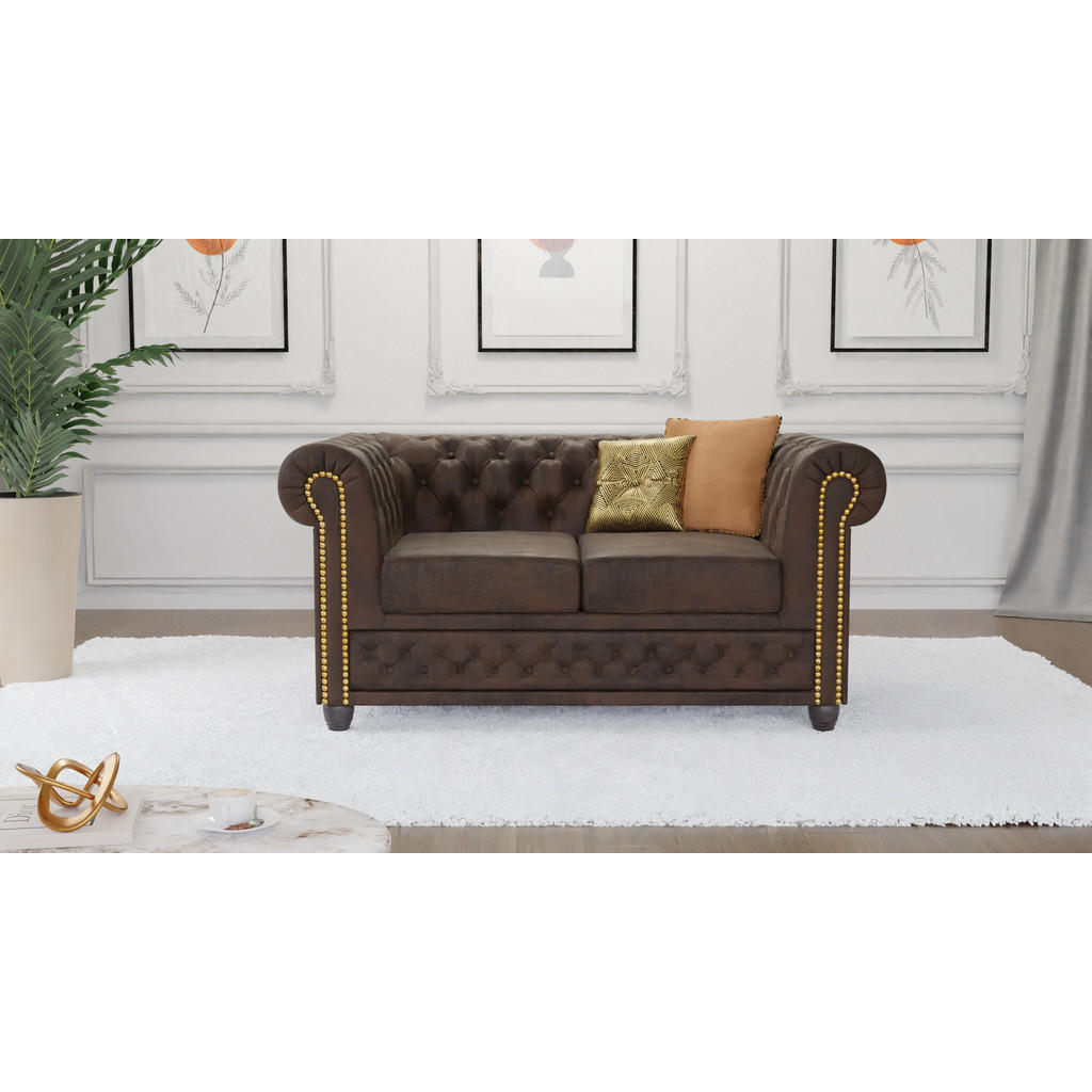 Thumbnail - S-Style Möbel Chesterfield-Sofa, Dunkelbraun, Textil, Echtholz,Birke, 2-Sitzer, Füllung: Silikon,Komfortschaum, 148x72x8...