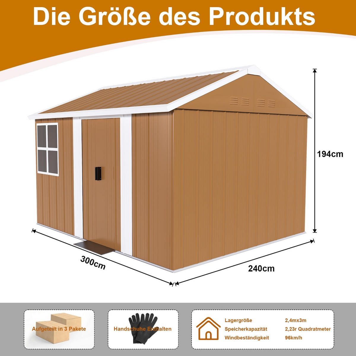 GERÄTEHAUS 300/240/194 cm Braun mit Fenstern, verschließbarer Tür und Belüftung, ohne Boden - Braun, Metall (240/194/300cm) - Oxeza