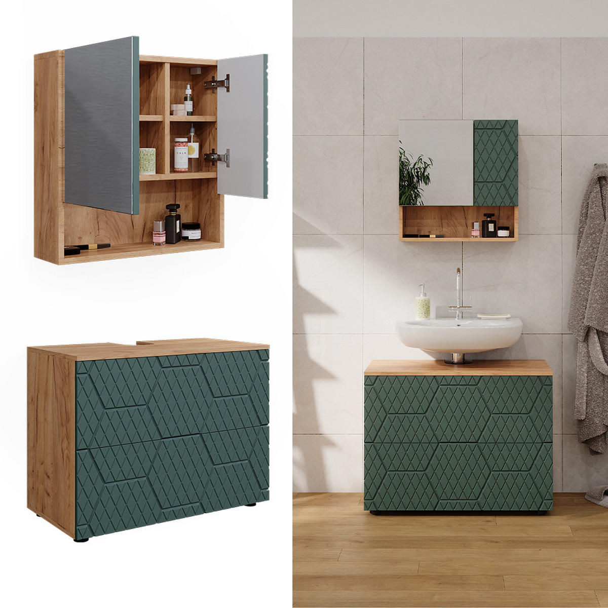 BADMÖBEL-SET Irma Grün 2 Teile - Honigeiche/Grün, Holzwerkstoff (80/58.6/41cm) - Vicco
