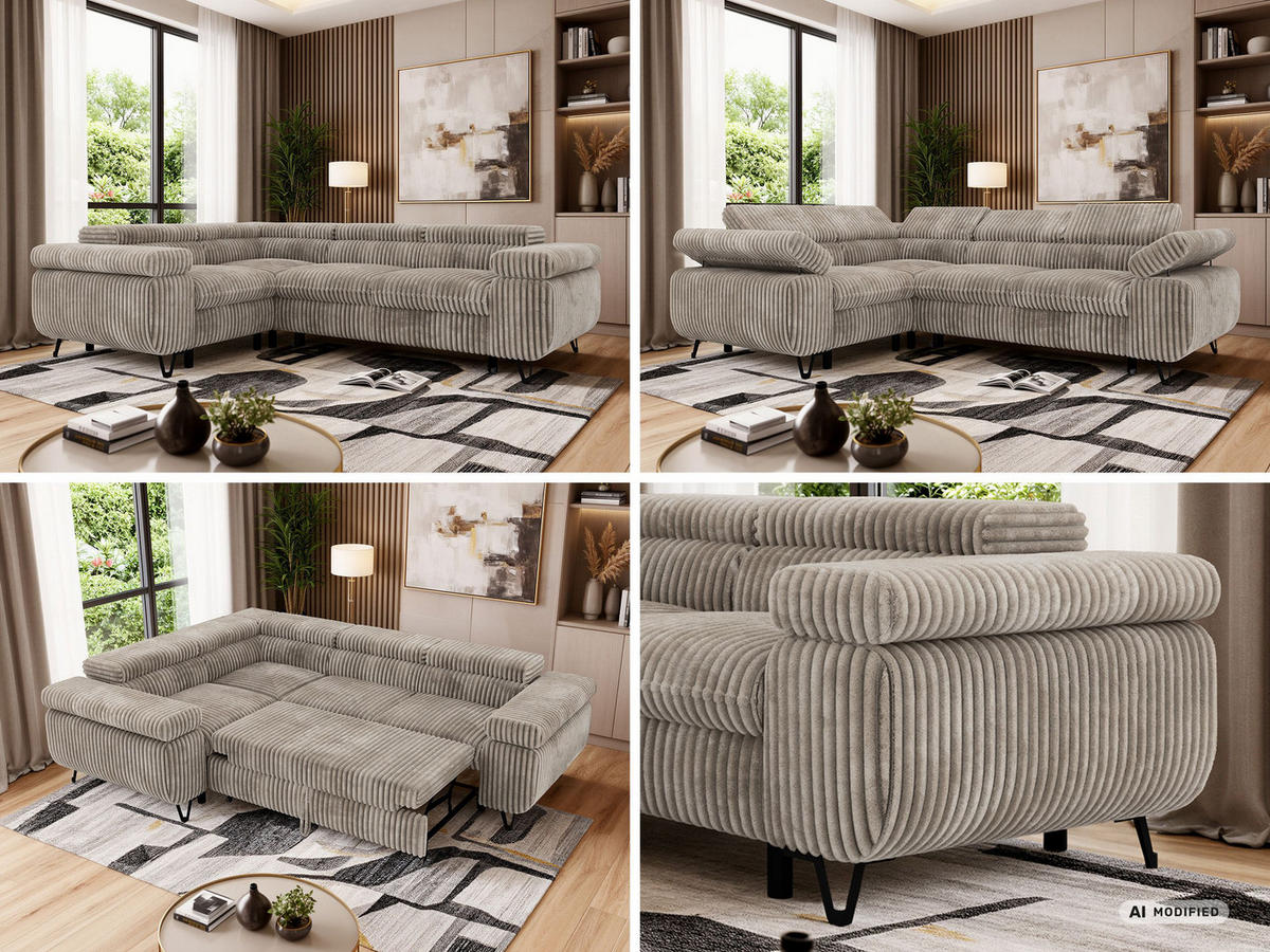 ECKSOFA FALCO L - Hellbraun Cord - Links Seite - Hellbraun/Schwarz, Textil/Metall (197/268cm) - MKS