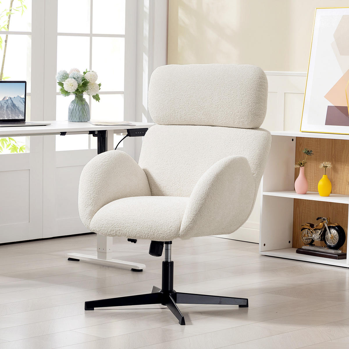 SCHREIBTISCHSTUHL mit Samtoptik Hoher Rückenlehne Creme - Creme/Schwarz, Textil (67/113/68cm) - HOMCOM