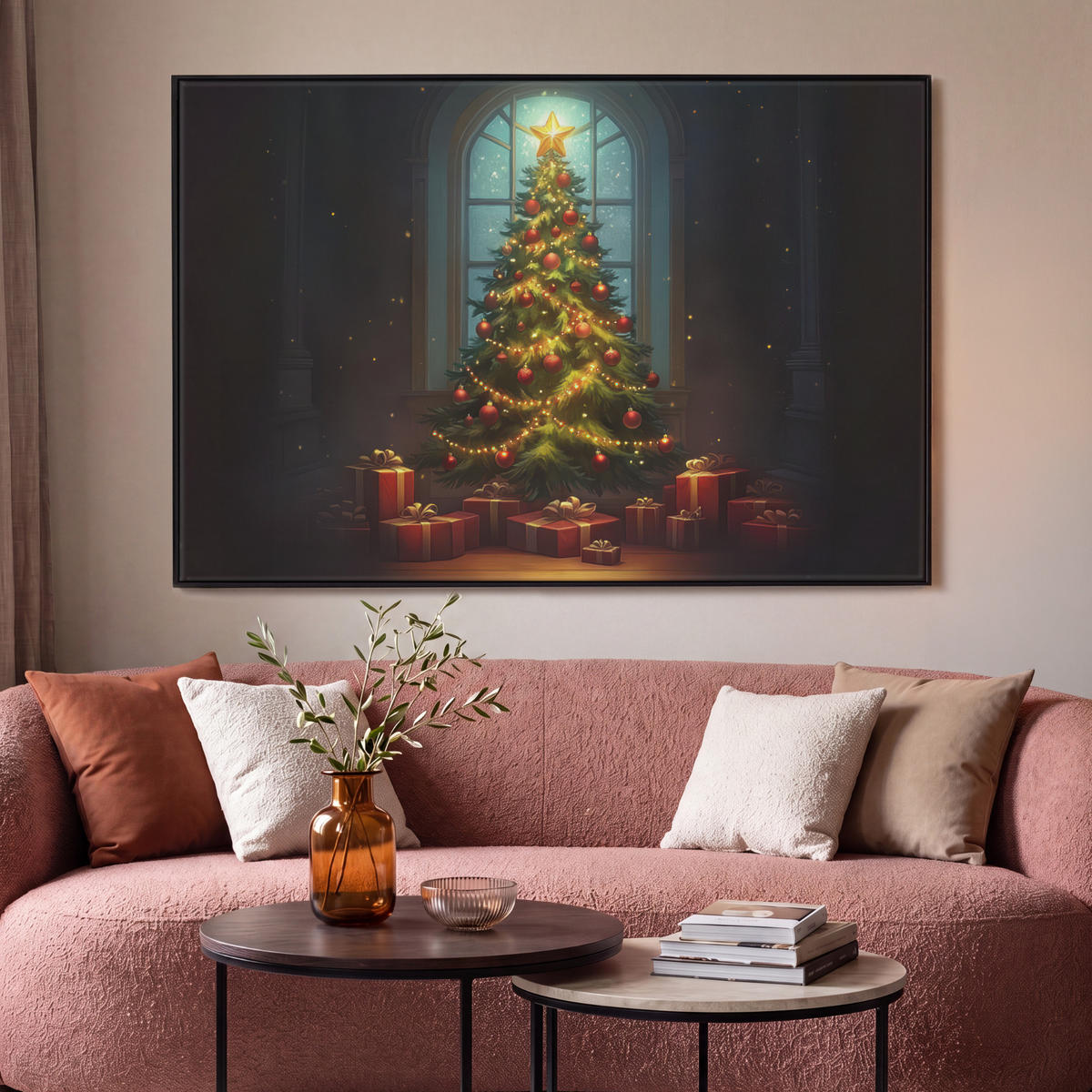 LEINWAND Bilder mit Rahmen - Weihnachtsbaum - Geschenk - Winter - 120x80 - Grün, Textil (120/80cm) - MuchoWow