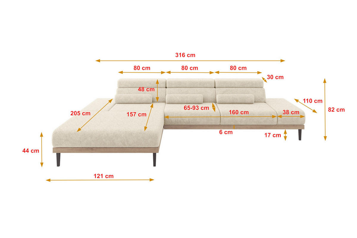 ELEKTRISCHES ECKSOFA Links MONA 316x205x85 Creme Velours - Creme, Holzwerkstoff/Textil (316/205cm) - ALTDECOR