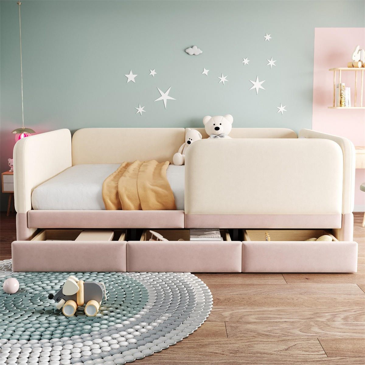 POLSTERBETT 140x200 cm mit Rundum-Sicherheitsumrandung & 3 Schubladen - Beige&Rosa - Samt - ohne Matratze - Pink, Textil (140/200cm) - DELFA