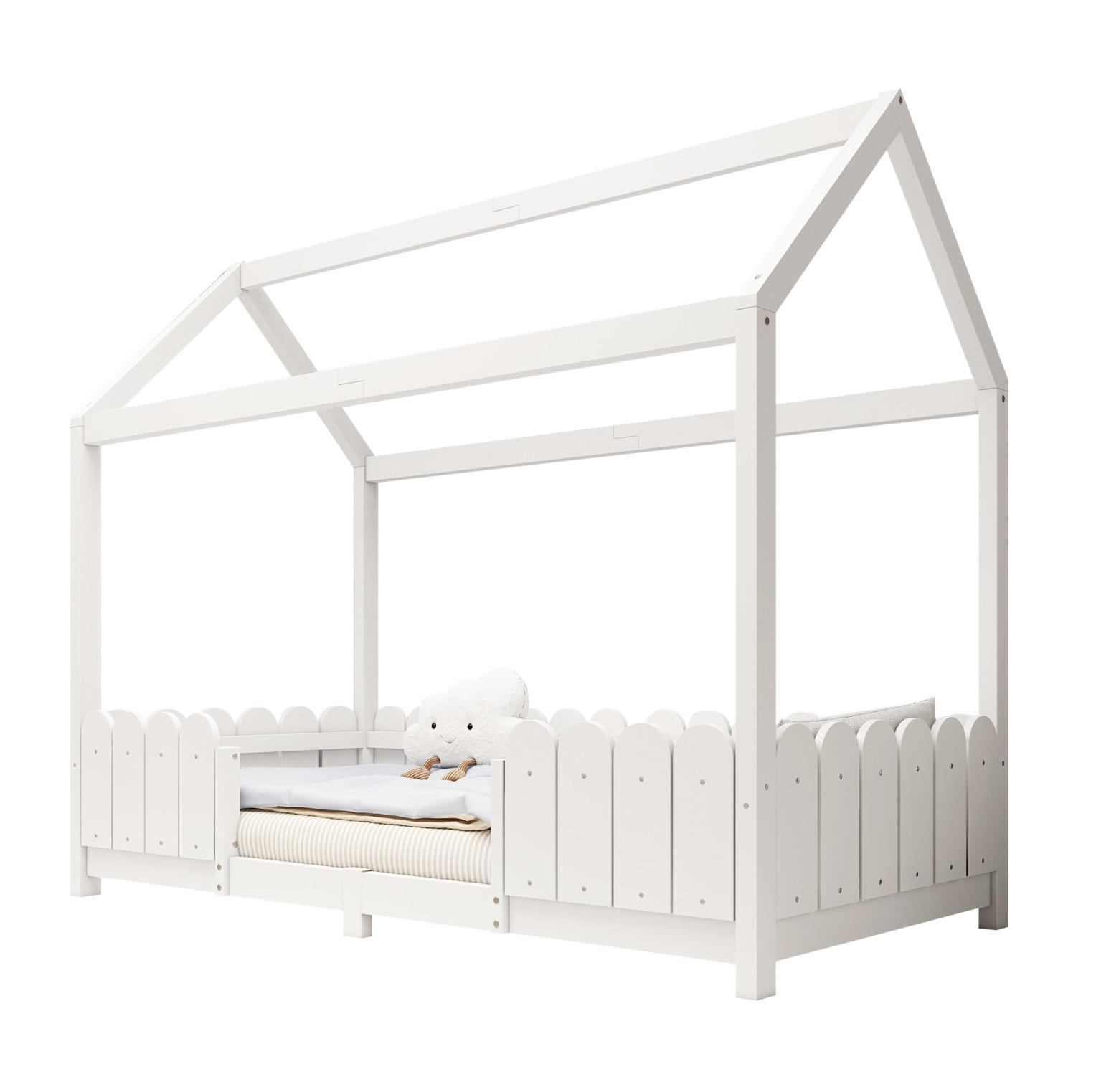 OKWISH DĚTSKÁ postel 90/200 cm bílá z borovicového dřeva a MDF s domečkem a zábranou