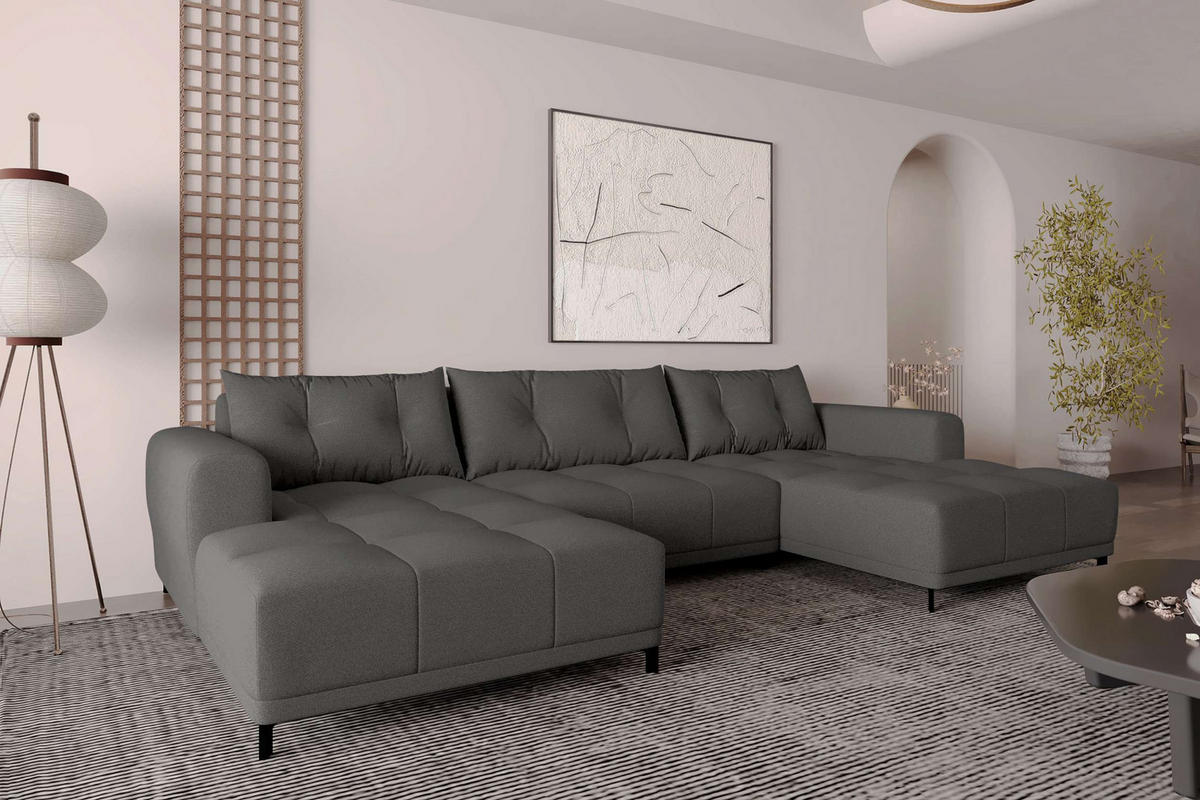 WOHNLANDSCHAFT Strukturstoff Anthrazit inkl. Schlaffunktion - Anthrazit/Schwarz, Textil/Metall (348/94/181cm) - 99rooms