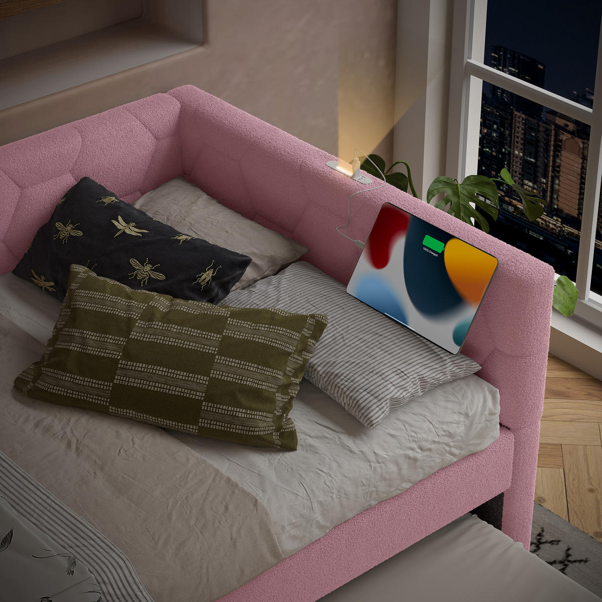 TAGESBETT 90x200cm Rosa Mit USB-C & Nachttischlampe - Pink, Textil - FLIEKS