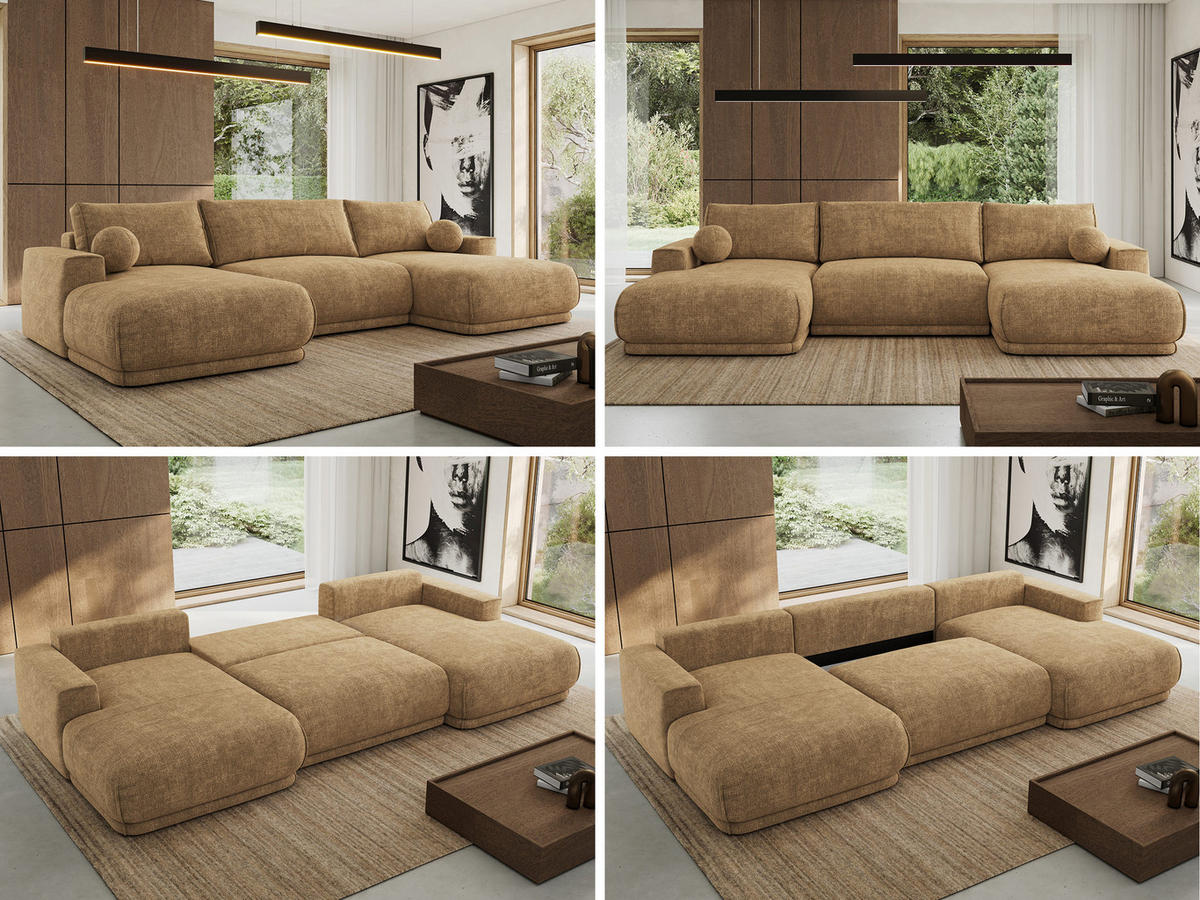 SEDACIA SÚPRAVA RINA U Svetlohnedá Hrubo tkaná ženilka - svetlohnedá/čierna, textil/plast (360/85/170cm) - MKS