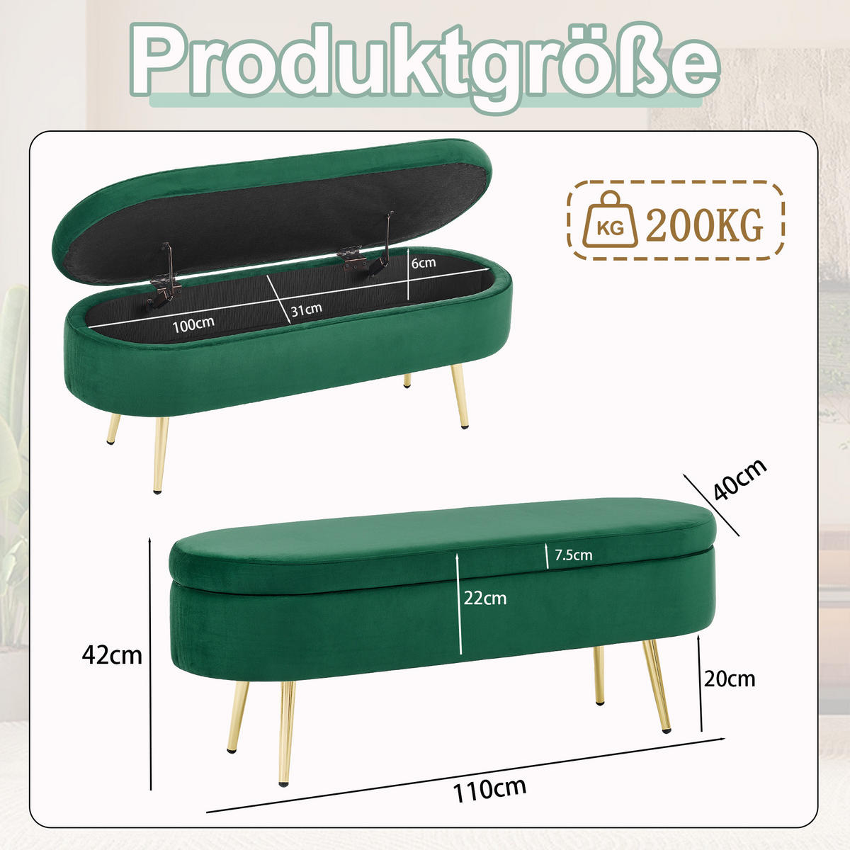 AUFBEWAHRUNGSTRUHE velvet & gold 110 cm - Dunkelgrün, Textil (110/42/40cm) - Urban Meuble