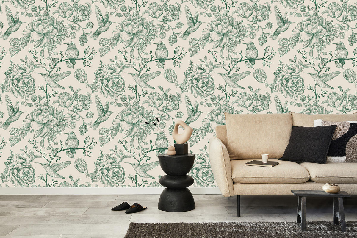 VLIESTAPETE Retro-Kolibris und Pfingstrosen – Grün, Creme – 50x1000 cm - Creme/Grün, Papier (50/1000cm) - Muralo