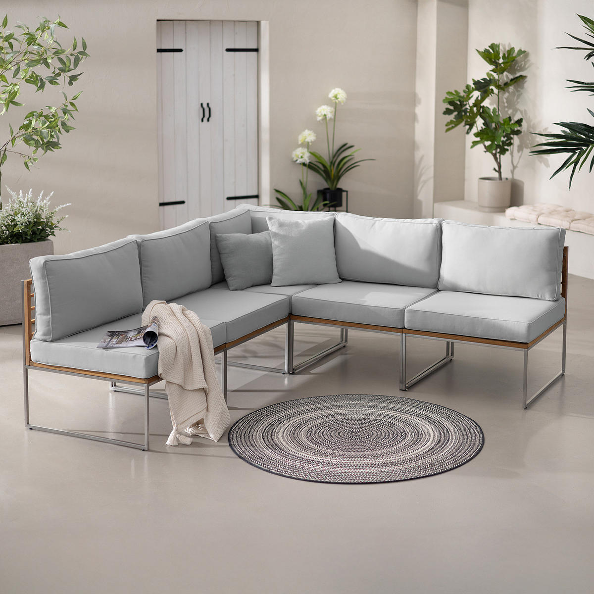 LOUNGESET - 5-teilig - Webstoff / Teak massiv - Hellgrau, Holz/Textil - home24