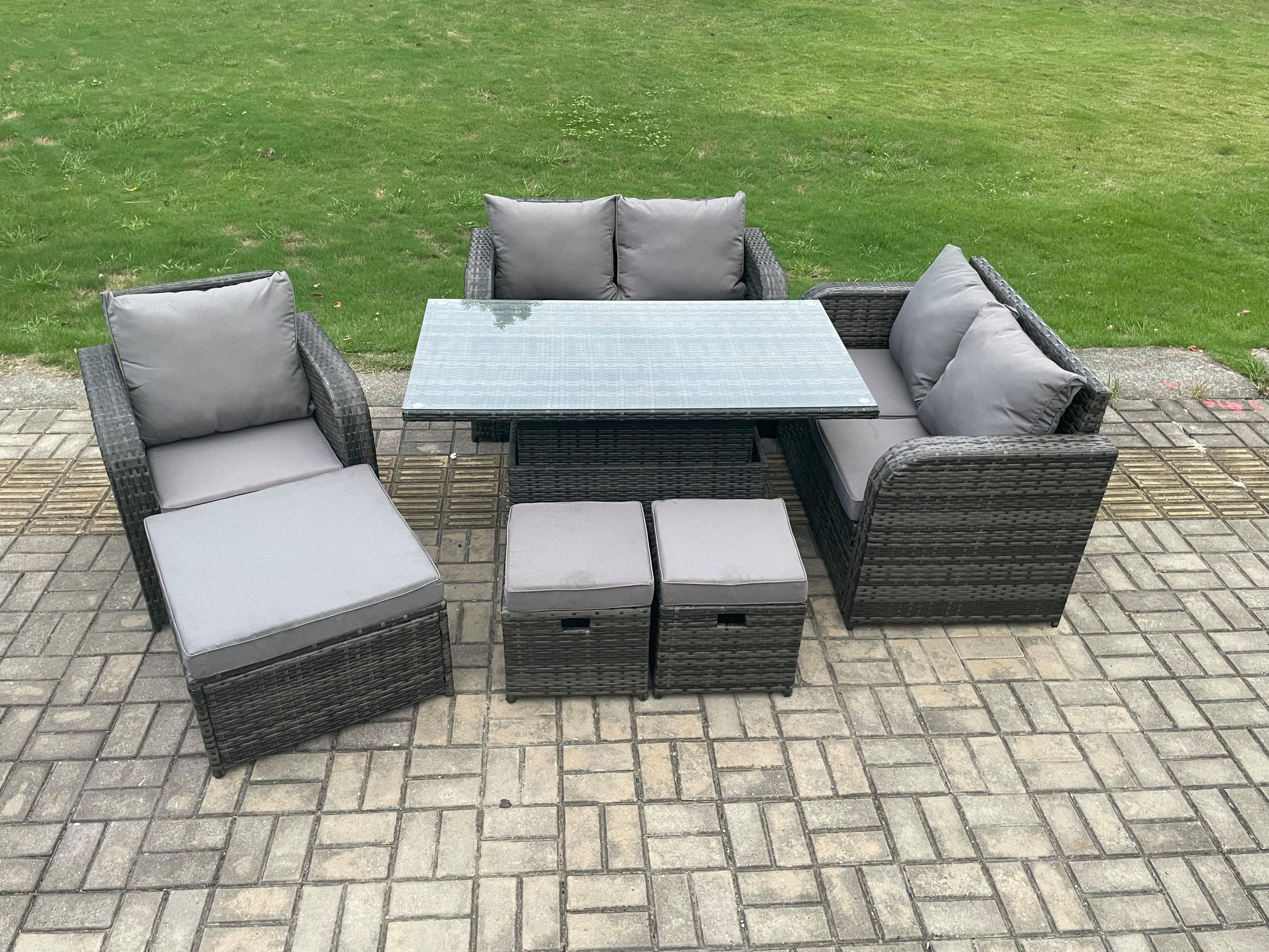 GARTENMÖBELSET Polyrattan 8-Sitzer - Dunkelgrau, Metall - Fimous