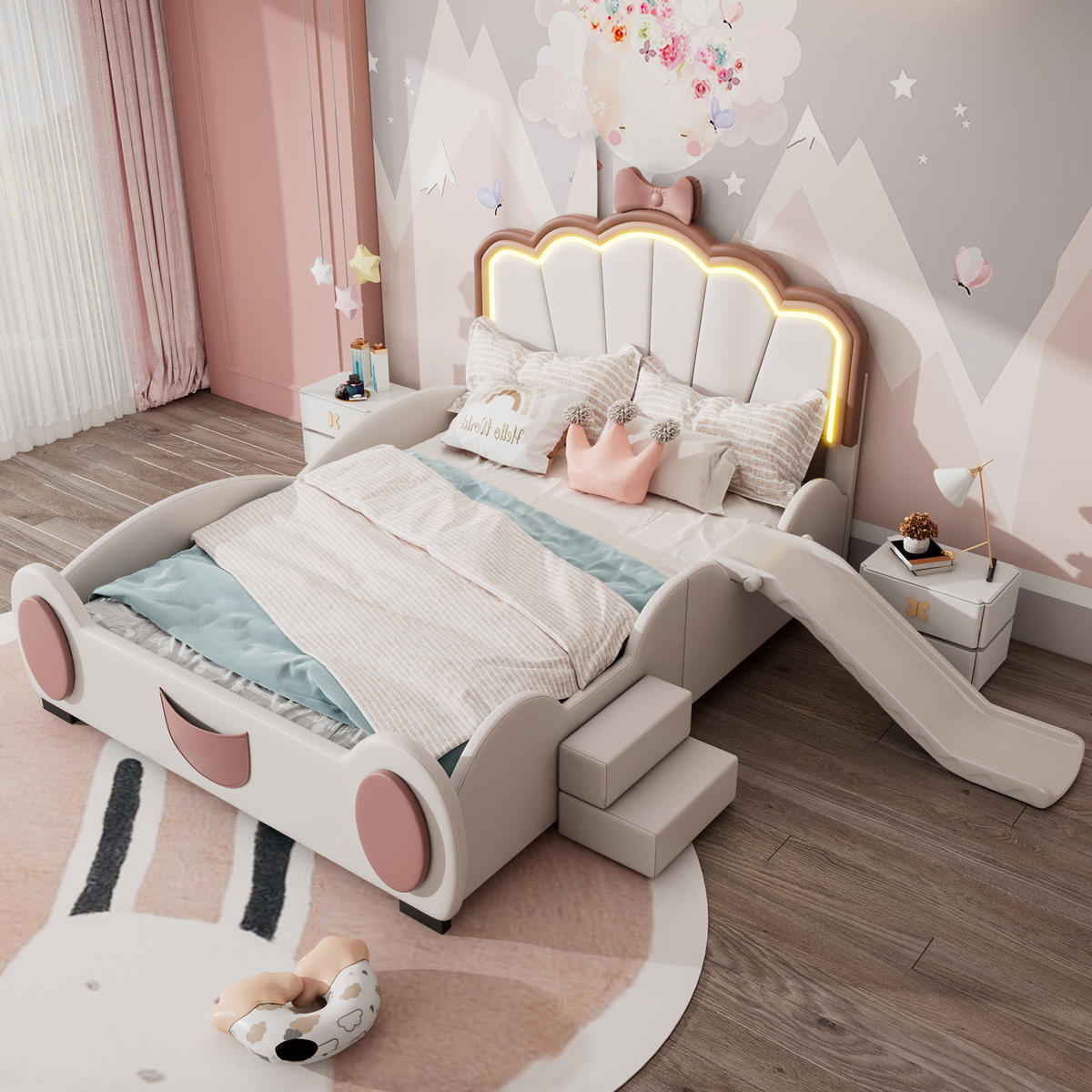KINDERBETT aus Kunststoff 140x200 cm in Rosa/Weiß mit LED-Beleuchtung & Rutsche - Rosa, Kunststoff (140/200cm) - Modfu
