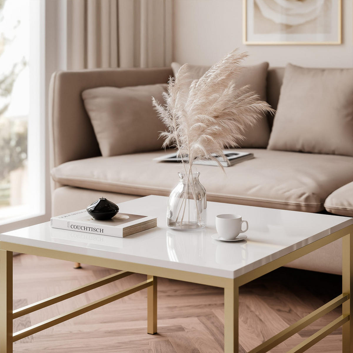 COUCHTISCH FORMA 60/60 cm Quadrat, Gold / Weiß Hochglanz - Weiß Hochglanz/Goldfarben, Metall (60/60/46cm) - Idohome