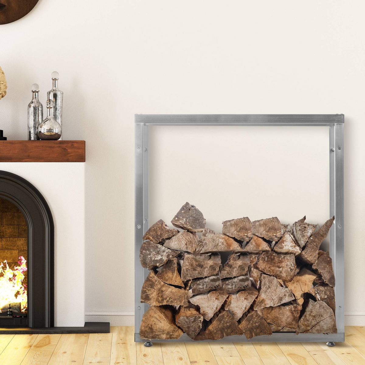 KAMINHOLZREGAL innen Metall SATLO Kaminholzständer Edelstahl 25x100x100 cm - Edelstahlfarben, Metall (100/100/25cm) - DELUKE