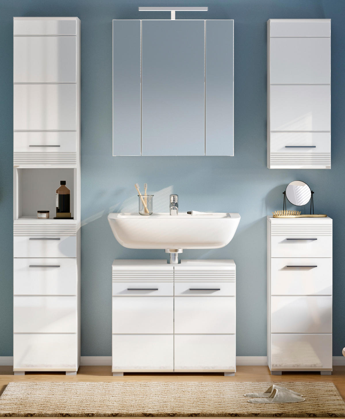 BADMÖBEL-SET weiß Hochglanz 5-teilig 150 cm, Badkombination mit Spiegelschrank - Weiß Hochglanz, Glas/Holzwerkstoff (150/182/34cm) - Inn.Furn