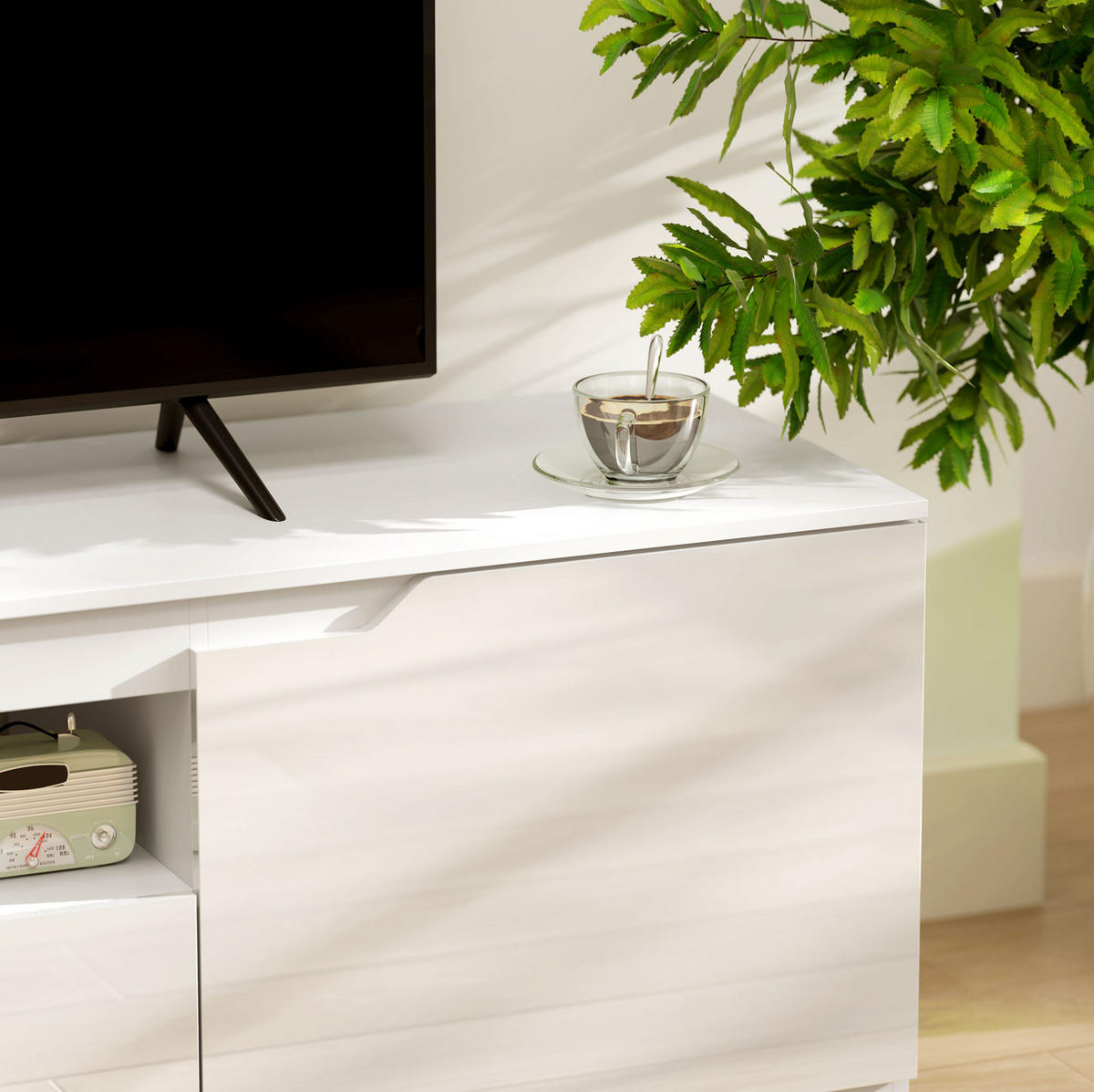 TV-LOWBOARD aus Holz 160x38x43 cm Weiß mit 2 Türen, Schublade, offenem Fach und Kabelmanagement - Weiß, Holzwerkstoff (160/43/38cm) - Modfu