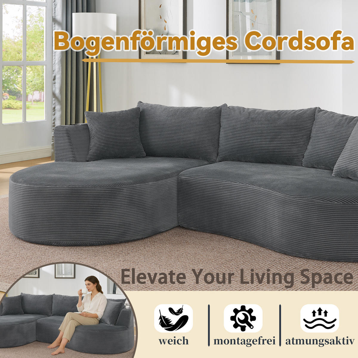 3-SITZER ECKSOFA Cord Grau mit Getränkehaltern und Kissen - Grau, Textil (264/168cm) - WISHDOR