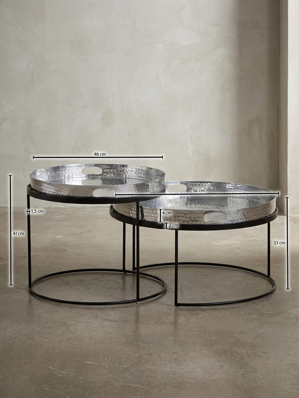 COUCHTISCH 2er Set Aluminium Hammerschlag Handgefertigt, Silber 56x56x33 cm - Silberfarben/Schwarz, Metall (56/56/33cm) - KADIMA DESIGN
