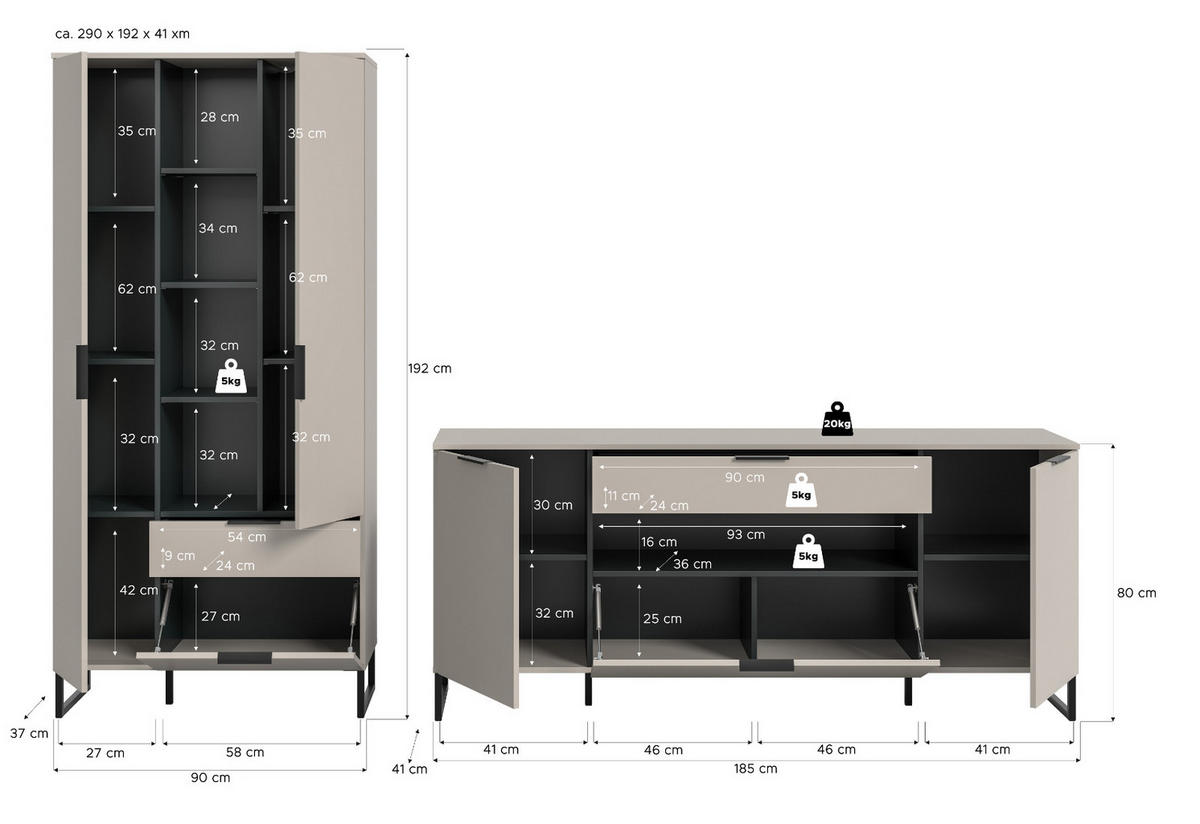 WOHNWAND kaschmir, schwarz 290 cm, Komplettset mit Soft-Close-Funktion - Kaschmir/Schwarz, Holzwerkstoff/Kunststoff (290/192/41cm) - Inn.Furn
