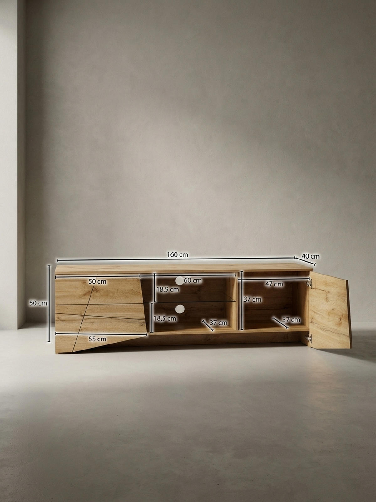 LOWBOARD Eiche-Dekor Modern Stil für 70-Zoll Fernseher mit Glasablage - Braun, Holz (160/50/40cm) - KADIMA DESIGN