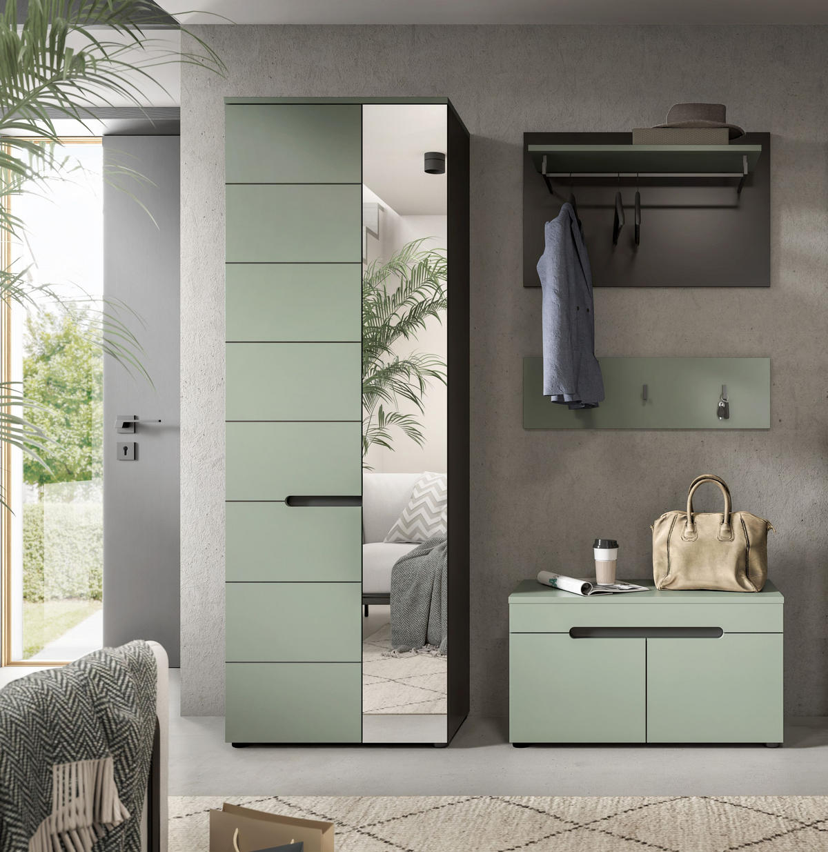GARDEROBEN-SET CANU 3-tlg. (B/H/T: ca. 160/190/37 cm) in Basalt grau/Smoke Green - Grau, Holzwerkstoff (160/190/37cm)