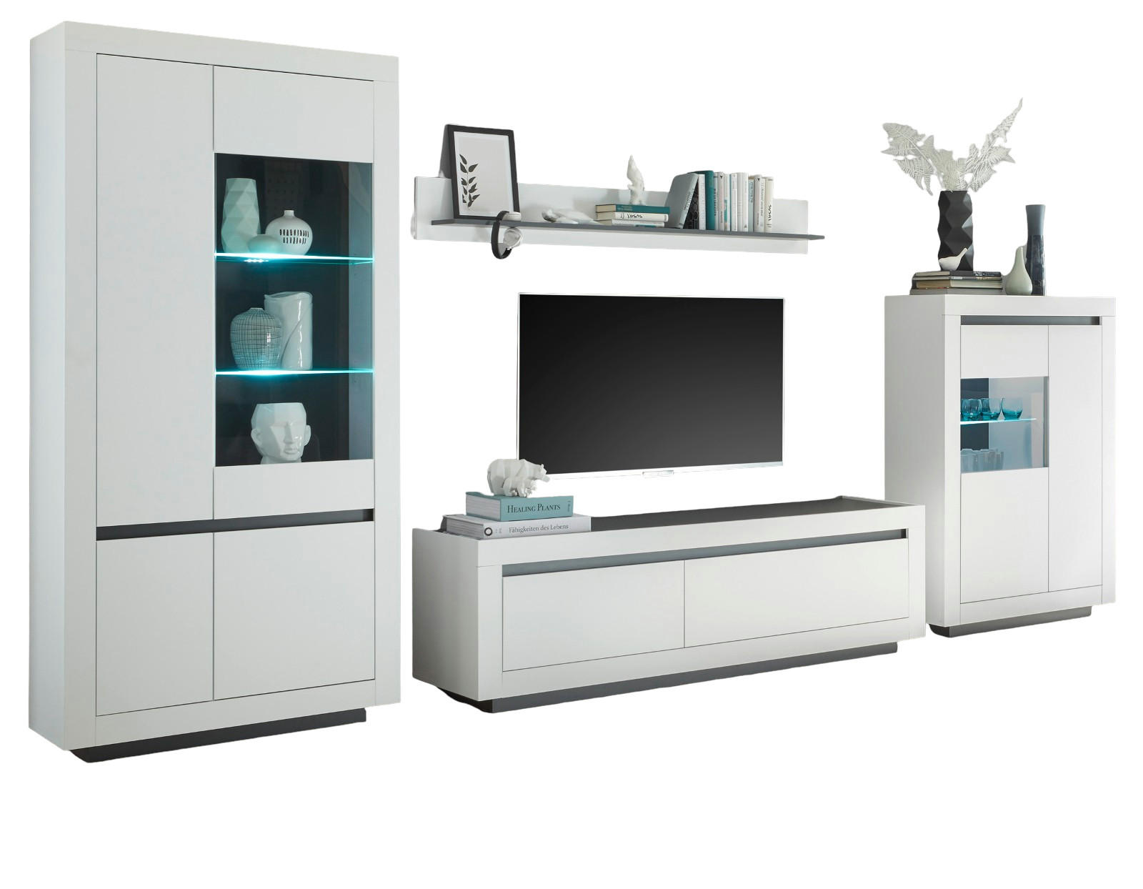 WOHNWAND weiß, anthrazit, Wohnkombination 4-teilig 392 x 206 cm - Anthrazit/Weiß, Glas/Holzwerkstoff (392/170/50cm) - Furn.Design