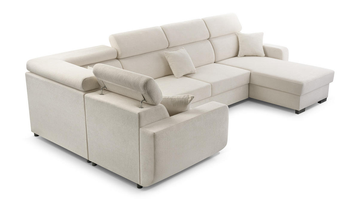 WOHNLANDSCHAFT CASTELLO Beige Plüsch-Stoff mit Schlaffunktion - Beige, Holz (337/97/184cm) - MASSENO