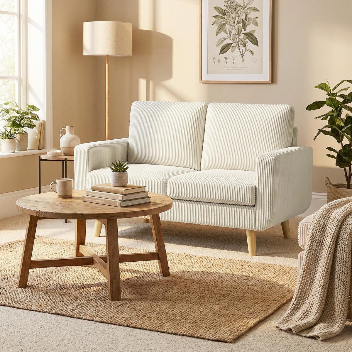 2-SITZER-SOFA DE-13516 mit Kordelsamt, Federkern Creme - Creme, Textil (74/84/134cm) - ComfortXL