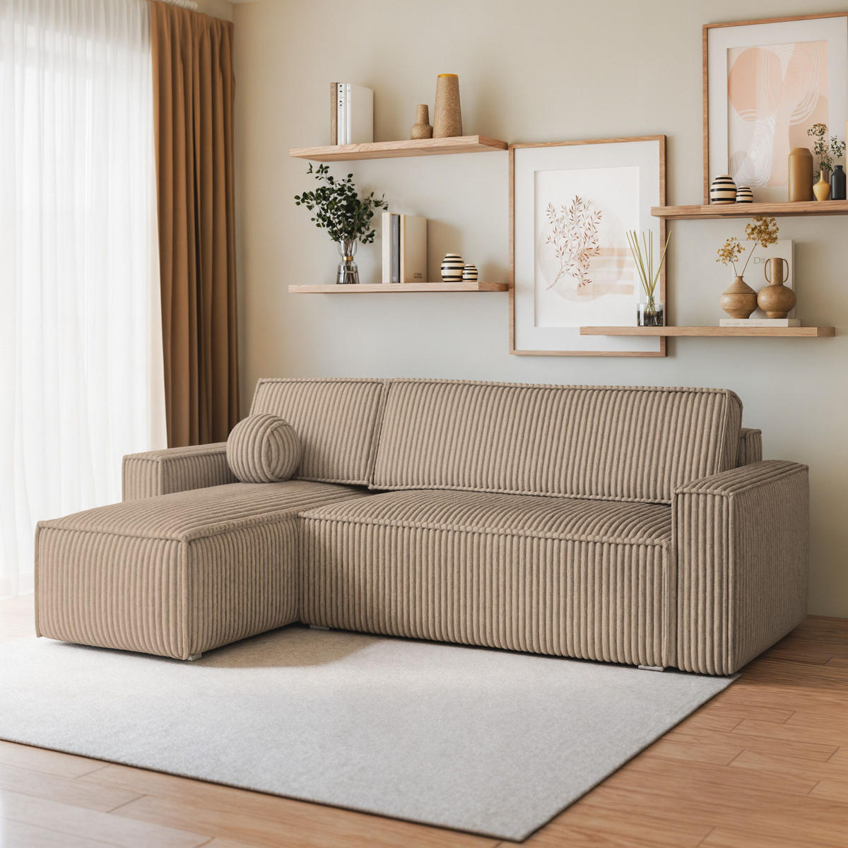 ECKSOFA RAVELO T Beige Kordstoff mit Schlaffunktion - Beige, Holz (240/140cm) - MASSENO