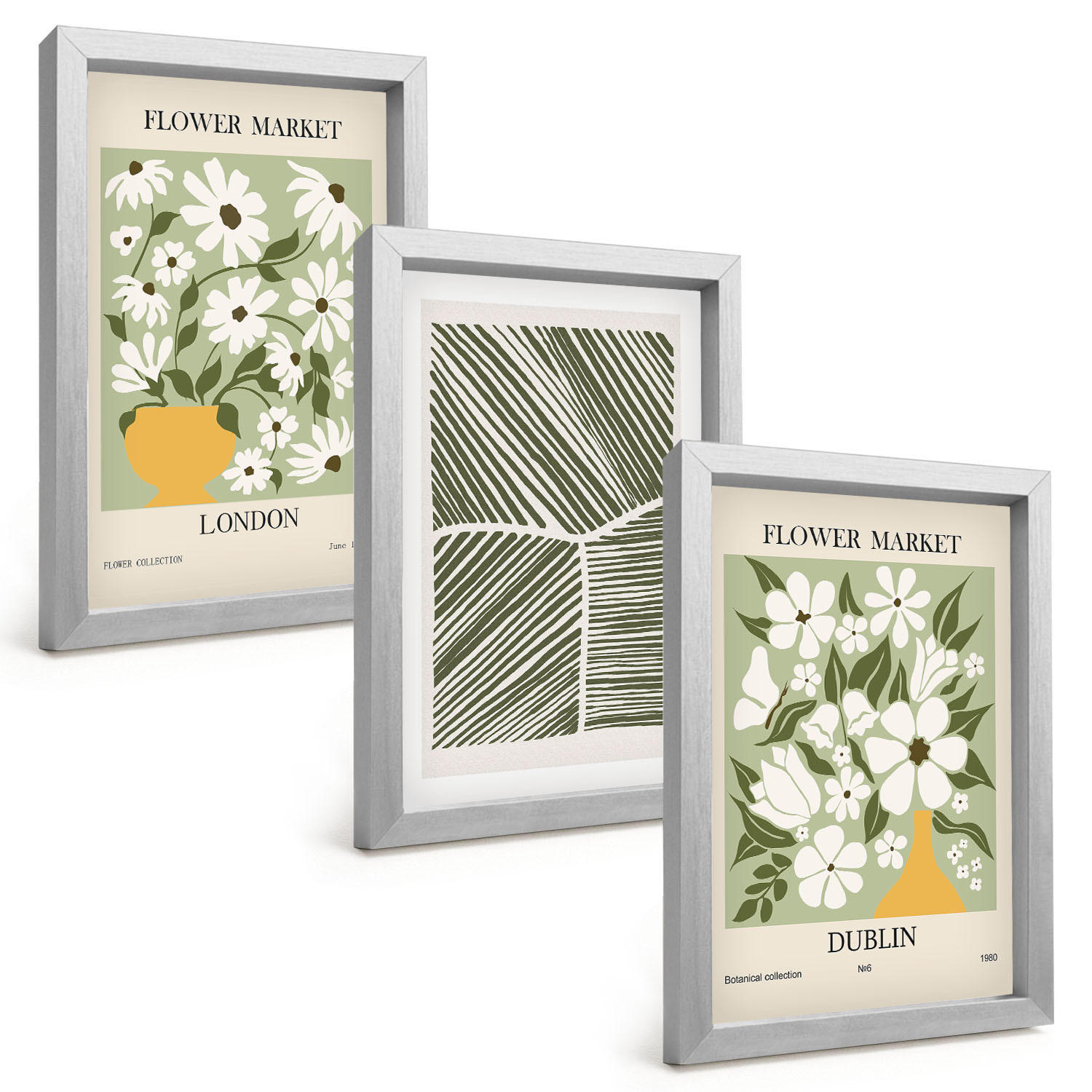 BILDER SET 3er Set - 20x30 cm Silberner Rahmen - Blumenmuster London Dublin - Silberfarben, Kunststoff (20/30cm) - TULUP