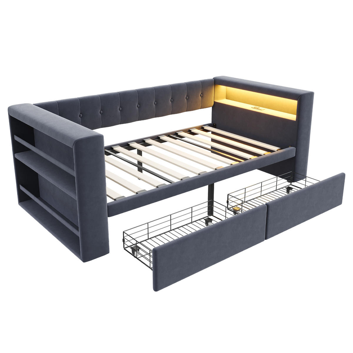 POLSTERBETT 90/190 cm dunkelgrau mit LED-Beleuchtung und großem Stauraum - Dunkelgrau, Textil (90/190cm) - OKWISH