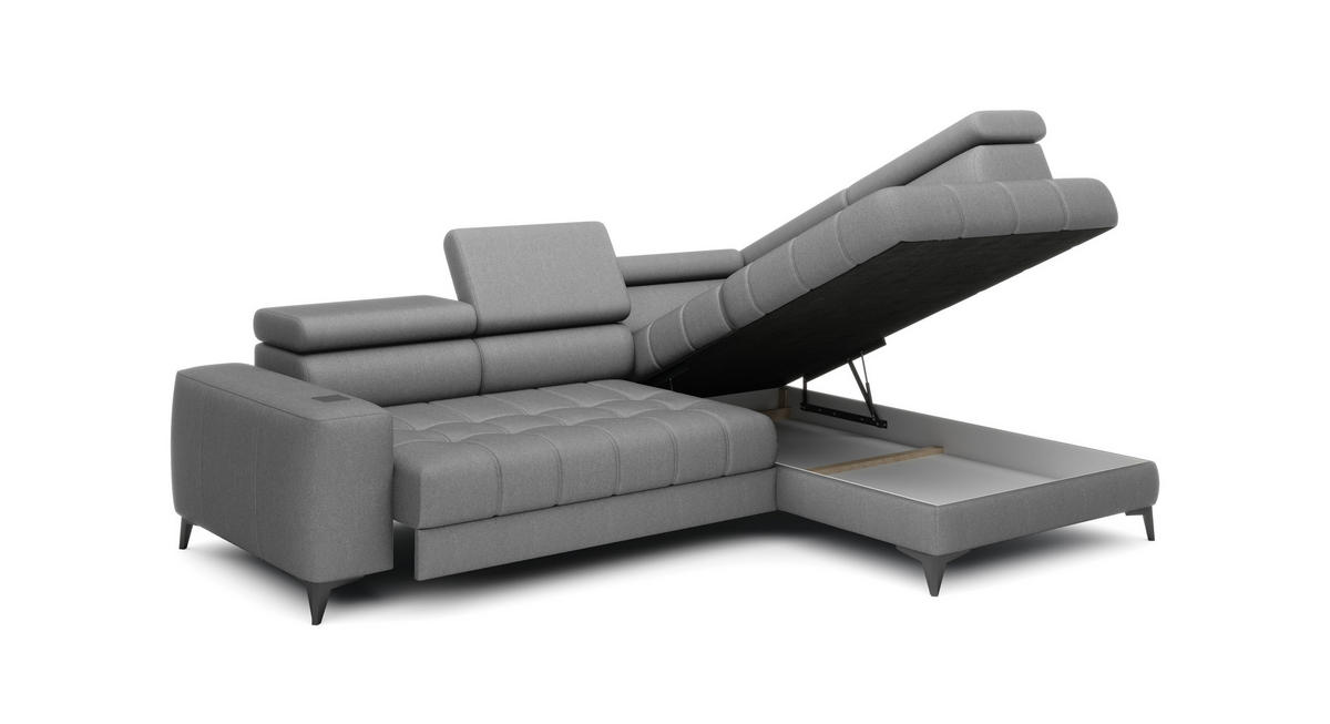 ECKSOFA BAGGIO Letto Stoff, Schlaffunktion, Bettkasten, Sitztiefe, Kopfstützen 280x196cm – Rechts – Grau - Grau, Holz/Textil (280/196cm) - DomoHome