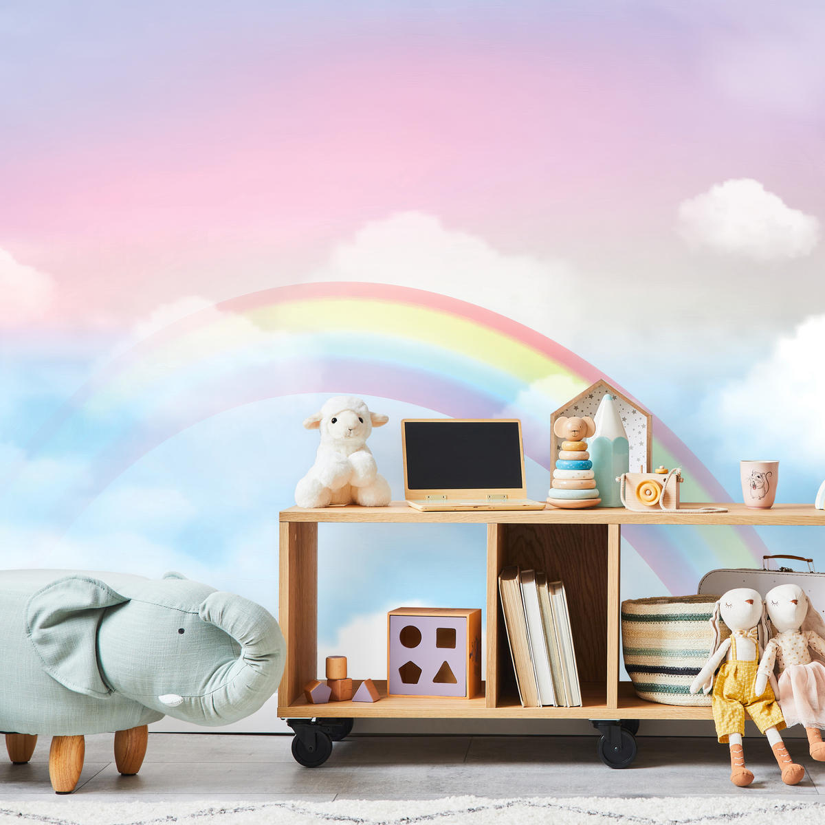 FOTOTAPETE für Schlafzimmer Regenbogen Rosa Himmel Wolken 500x350 - Blau/Gelb, Papier (500/350cm) - Muralo