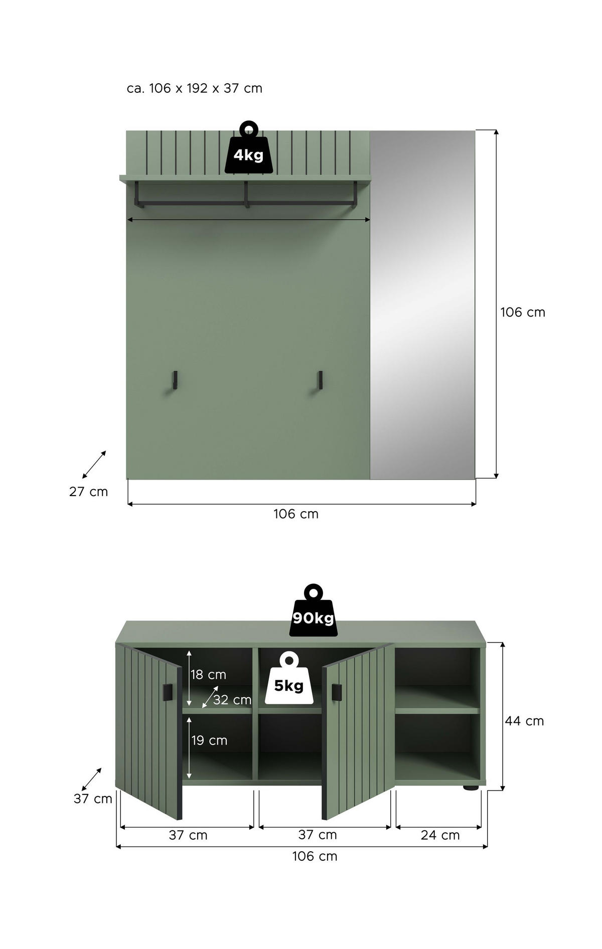 GARDEROBEN-SET STATION 2-tlg. (B/H/T: ca. 106/192/37 cm) in Smoke Green/Smoke Green - Dunkelgrün, Holzwerkstoff (106/192/37cm)