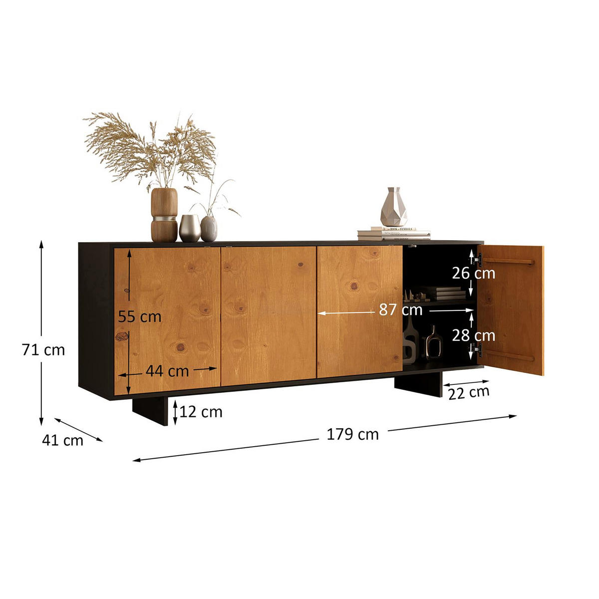 SIDEBOARD ARTO schwarz/Eiche - Eichefarben/Schwarz, Holz (180/71/41cm) - IDIMEX