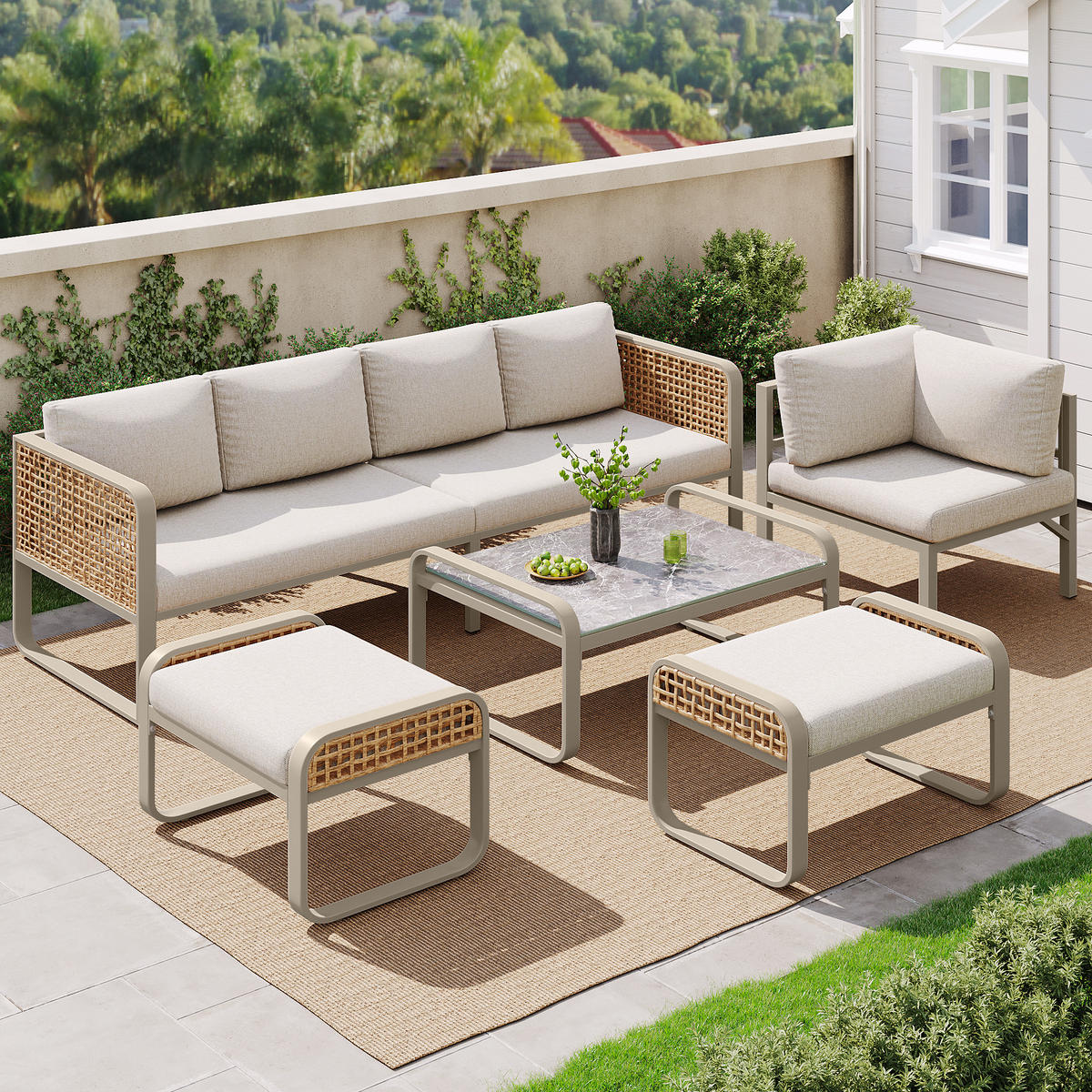 LOUNGESET 6-7 Personen Beige Rattan Mit Verstellbaren Füßen - Beige, Metall - FLIEKS