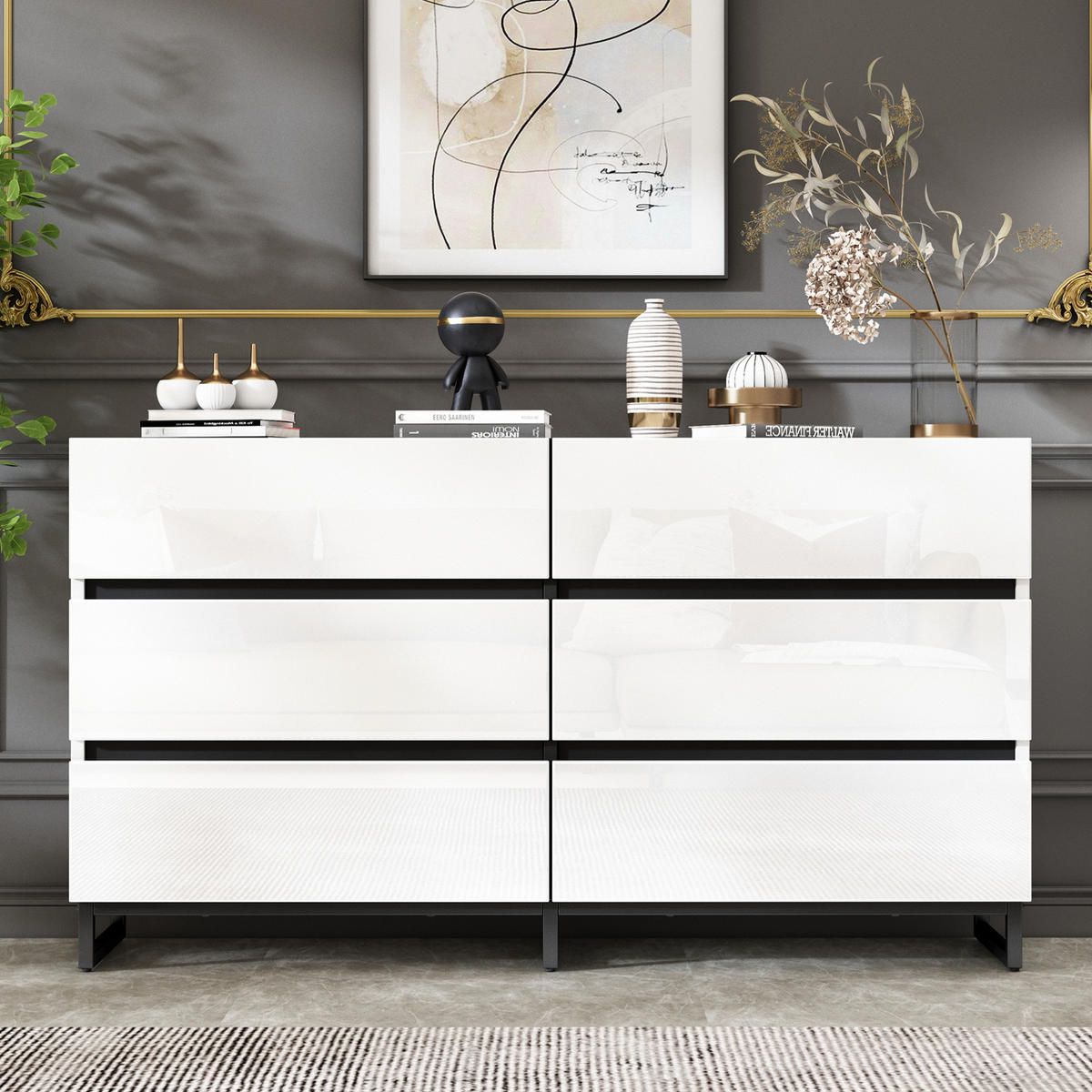 SIDEBOARD 140/39.5/78.5 cm Weiß/Schwarz aus Spanplatte mit 6 Schubladen - Weiß, Holzwerkstoff (39.5/78.5/140cm) - OKMYHOME