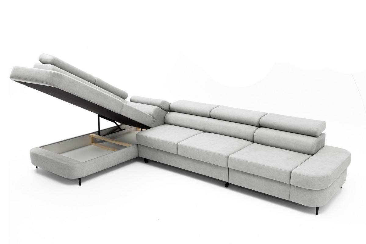 ECKSOFA PRIAM MAXI L-Form mit Schlaffunktion & Bettkasten, 6-Sitzer, 350cm, Verstellbare Kopfstützen Ottomane links - Hellgrau, Holz/Textil (350/203cm) - Muffo