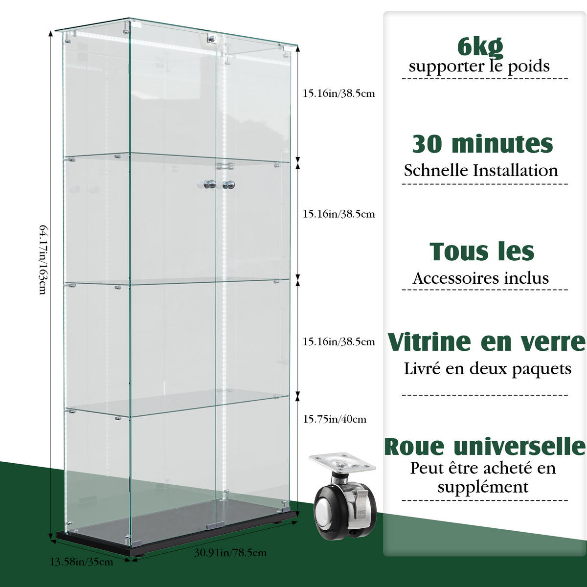 GLASVITRINE 78x35x163 cm 2 Türen 4 Einlegeböden LED schwarz - Schwarz, Holz (78.5/163/35cm) - Fortuna Lai