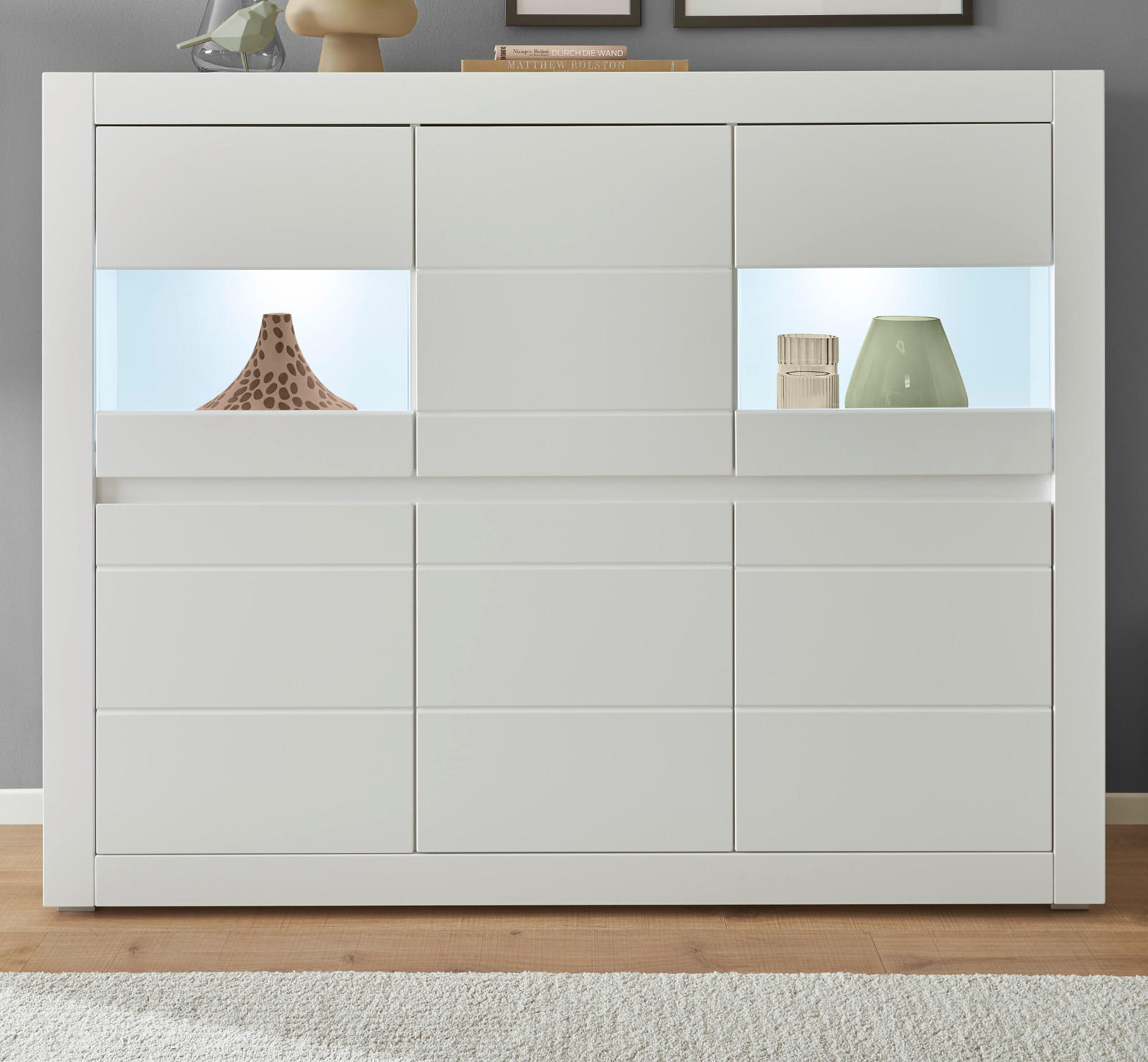 HIGHBOARD weiß matt, Evoke Eiche, Vitrine mit Soft-Close-Funktion und Beleuchtung - Eichefarben/Silberfarben, Holzwerkstoff/Kunststoff (165/132/42cm) - Furn.Design