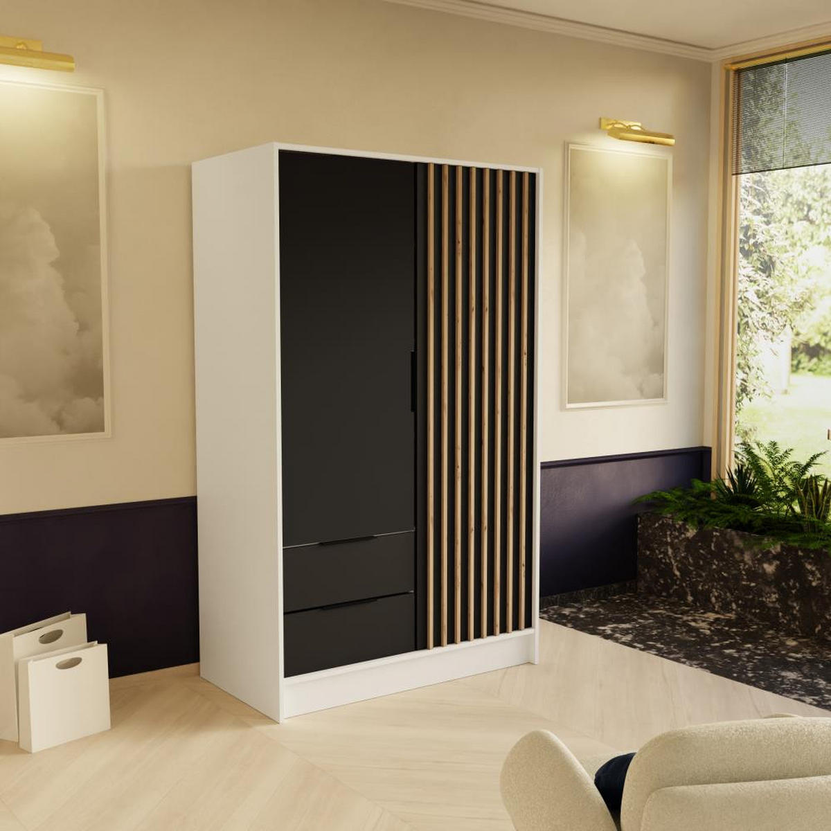DREHTÜRENSCHRANK Nero 100/51/200 cm mit Lamellen weiß+schwarz - Schwarz/Weiß, Holzwerkstoff (100/200/51cm) - Beautysofa