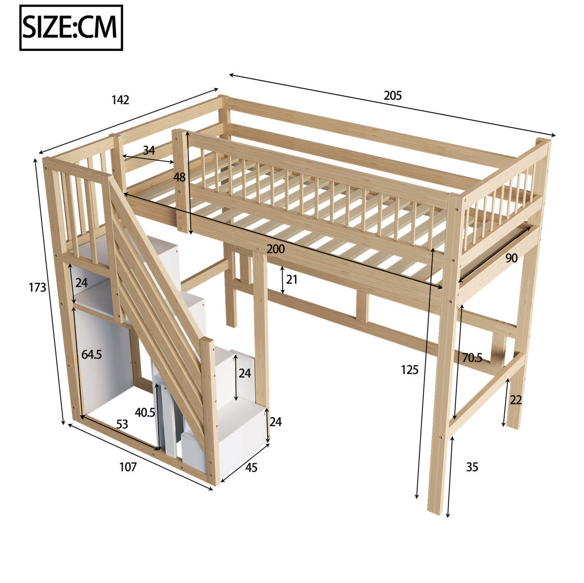 PATROVÁ postel 90/200 cm v přírodní barvě s dřevěnými úložnými schody - přírodní, kompozitní dřevo (90/200cm) - OKWISH