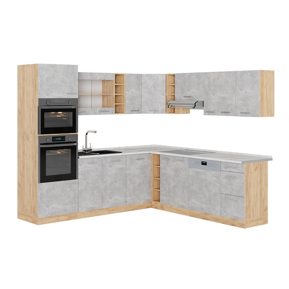 KOTNA KUHINJA R-Line, Beton/Zlati hrast z močjo, 247 x 237 cm, DP Marmor - siva/medeni hrast, leseni material (247/206.8/60cm) - Vicco