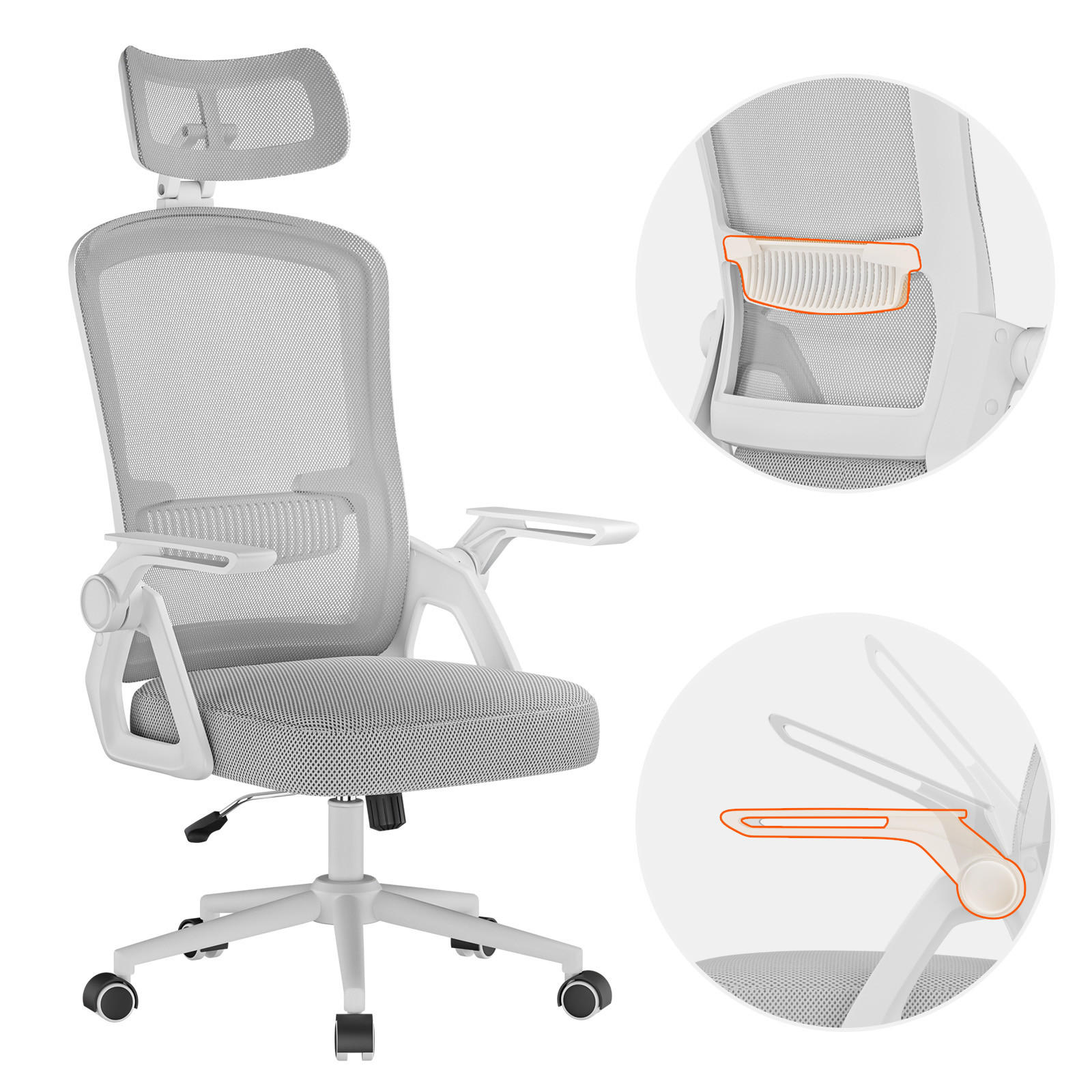 DREHSTUHL Mesh Weiß-Grau ergonomisch klappbare Armlehnen - Grau, Metall (23.5/52/62.5cm) - Rattrix